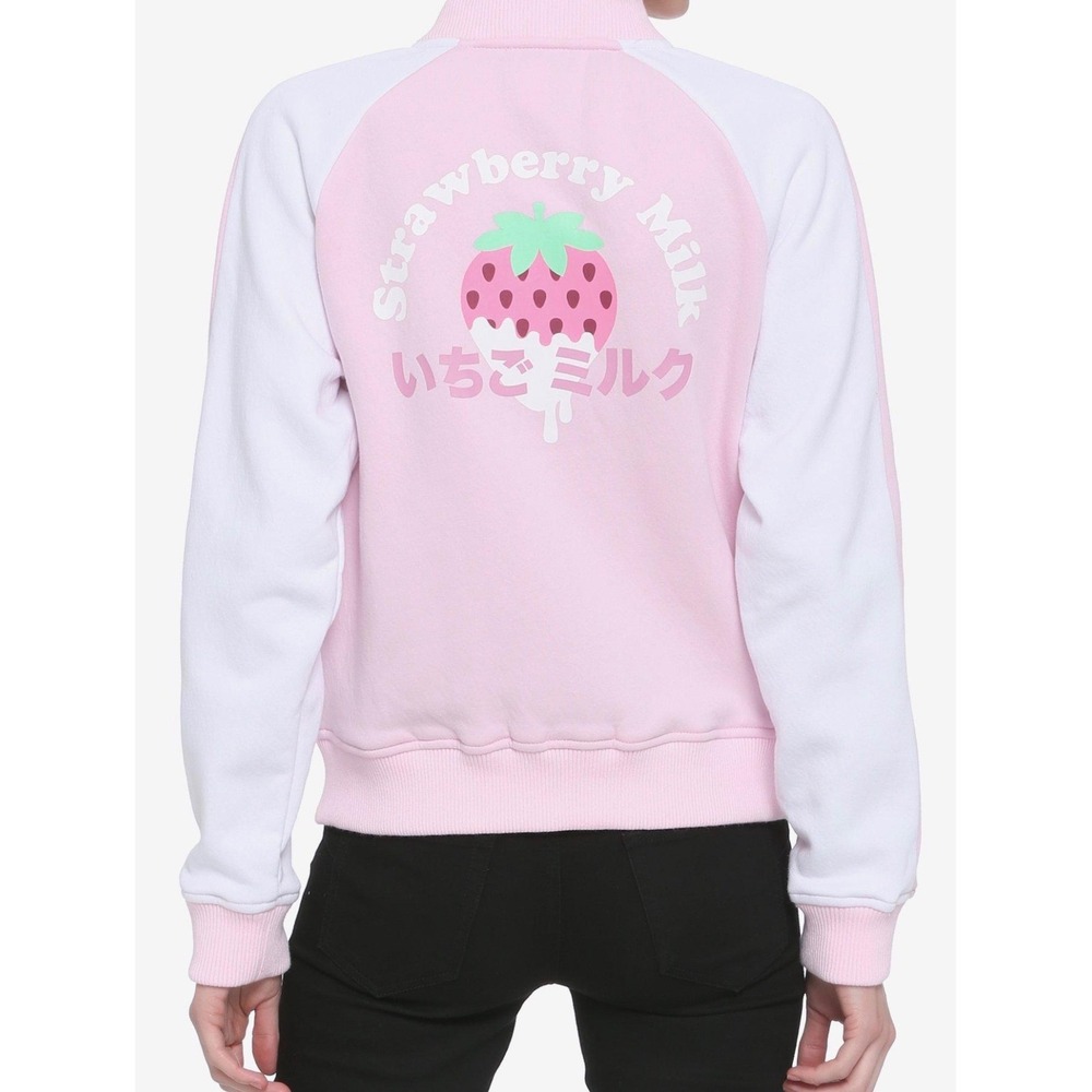 NWT Hot Topic Strawberry Milk Pink White Graphic Bomber Jacket XL NEW Kawaii